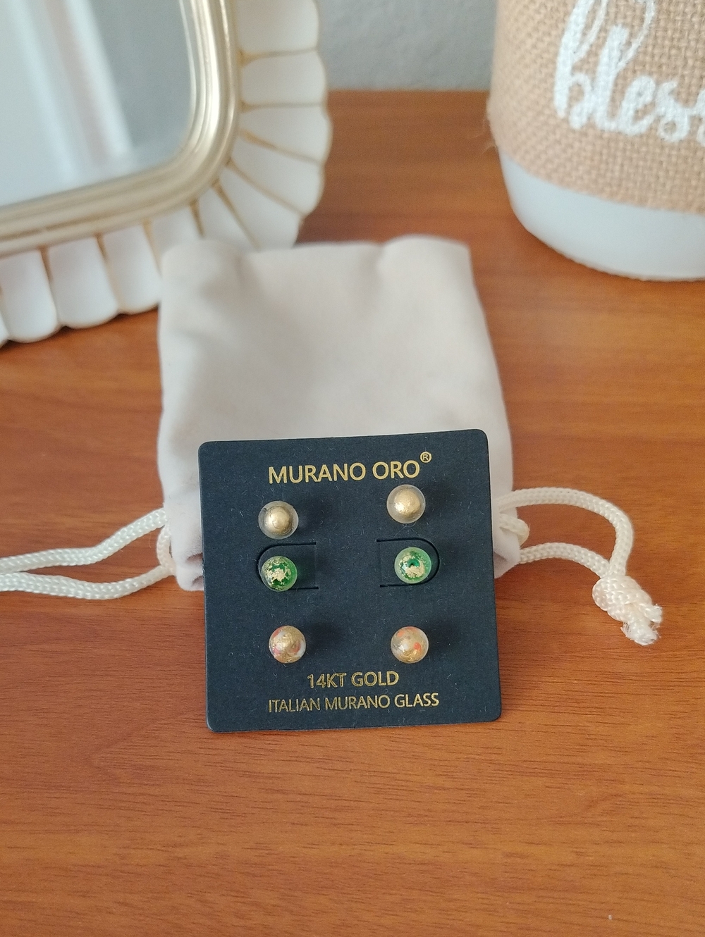 Murano Oro 3-Pair Stud Earring Set — Gold, Green, Peach